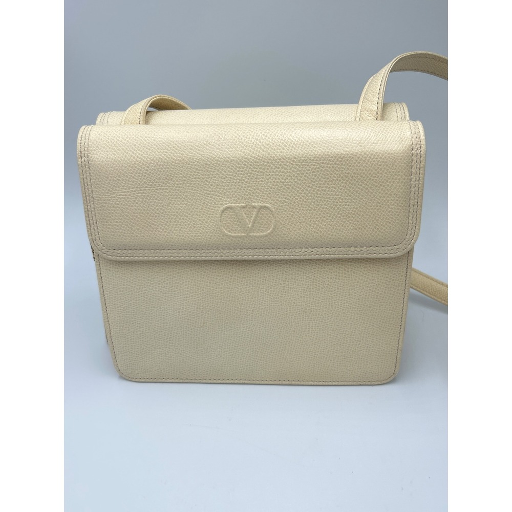 Valentino Garavani Vintage Cream Pebbled Leather Crossbody Bag V Logo Square